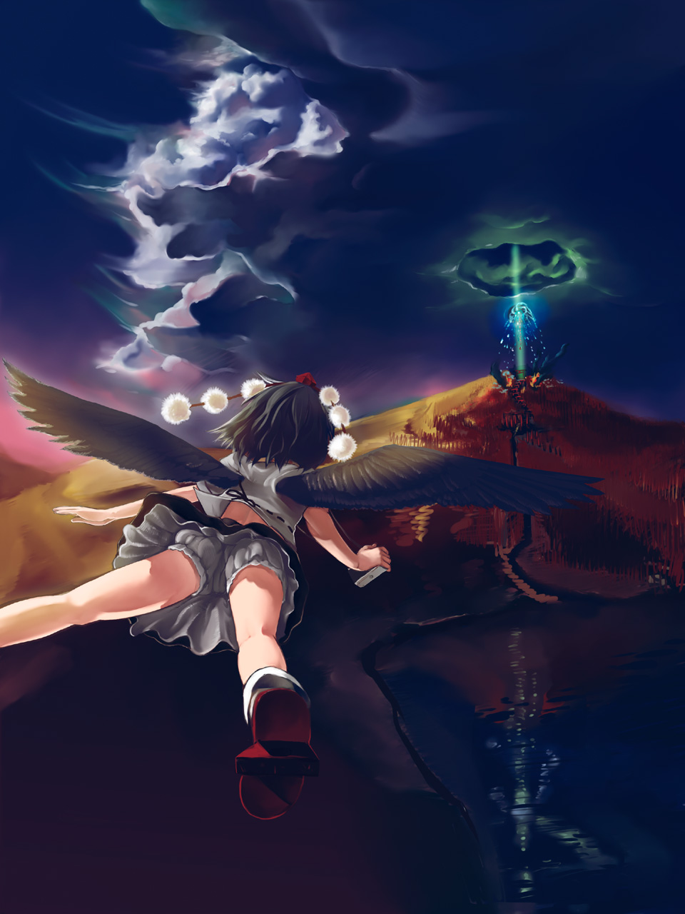 mizu, shameimaru aya, touhou, highres, 1girl, black hair, black wings, bloomers, cloud, female focus, flying, geta, hat, short hair, skirt, sky, solo, tengu-geta, underwear, wings