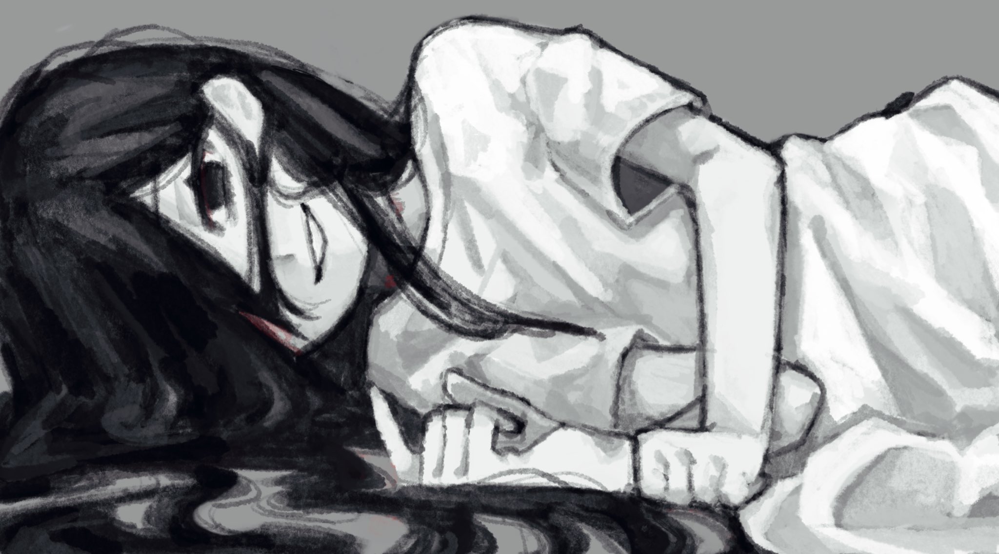 mari (omori), mari (spirit) (omori), omori, highres, spoilers, 1girl, :d, blood, blood on face, empty eyes, flat chest, grey background, greyscale, grin, hair over one eye, hair spread out, hand up, long hair, looking at viewer, lying, madai (si 202), monochrome, no pupils, on side, one eye covered, open mouth, shirt, simple background, smile, solo, spot color, upper body, very long hair