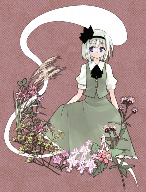 midori (green tea), midori (pixiv), konpaku youmu, konpaku youmu (ghost), touhou, silver hair, bad id, bad pixiv id, 1girl, female focus, flower, ghost, ribbon, short hair, smile, solo