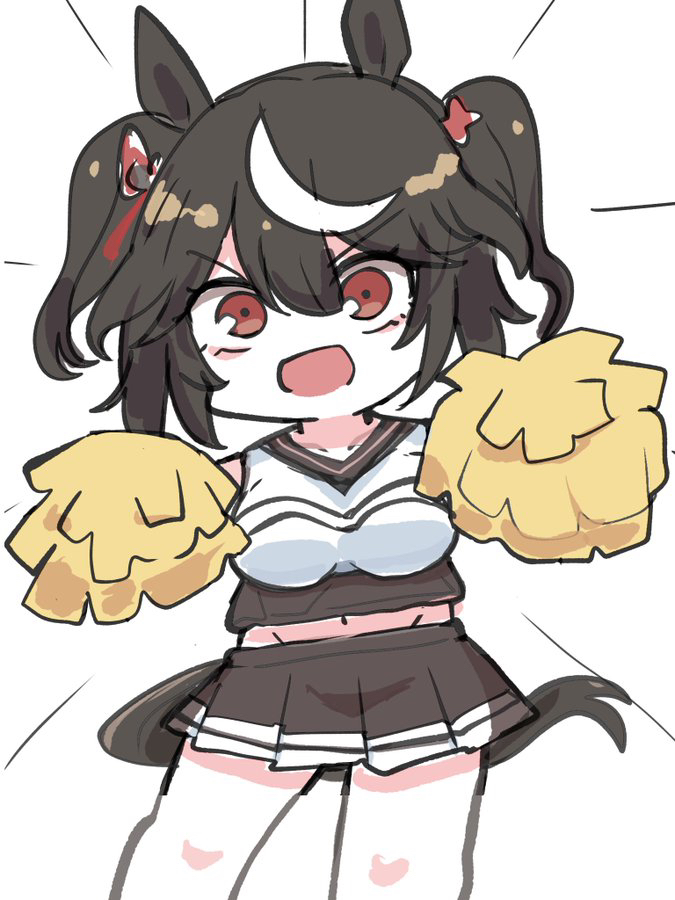 kawamochi (tddm3573), kitasan black (umamusume), umamusume, 1girl, :d, animal ears, black hair, black skirt, breasts, brown eyes, cheerleader, crop top, emphasis lines, feet out of frame, groin, hair between eyes, horse ears, horse girl, horse tail, looking at viewer, medium breasts, multicolored hair, navel, open mouth, pleated skirt, pom pom (cheerleading), shirt, simple background, skirt, sleeveless, sleeveless shirt, smile, solo, standing, streaked hair, tail, two side up, v-shaped eyebrows, white background, white hair, white shirt