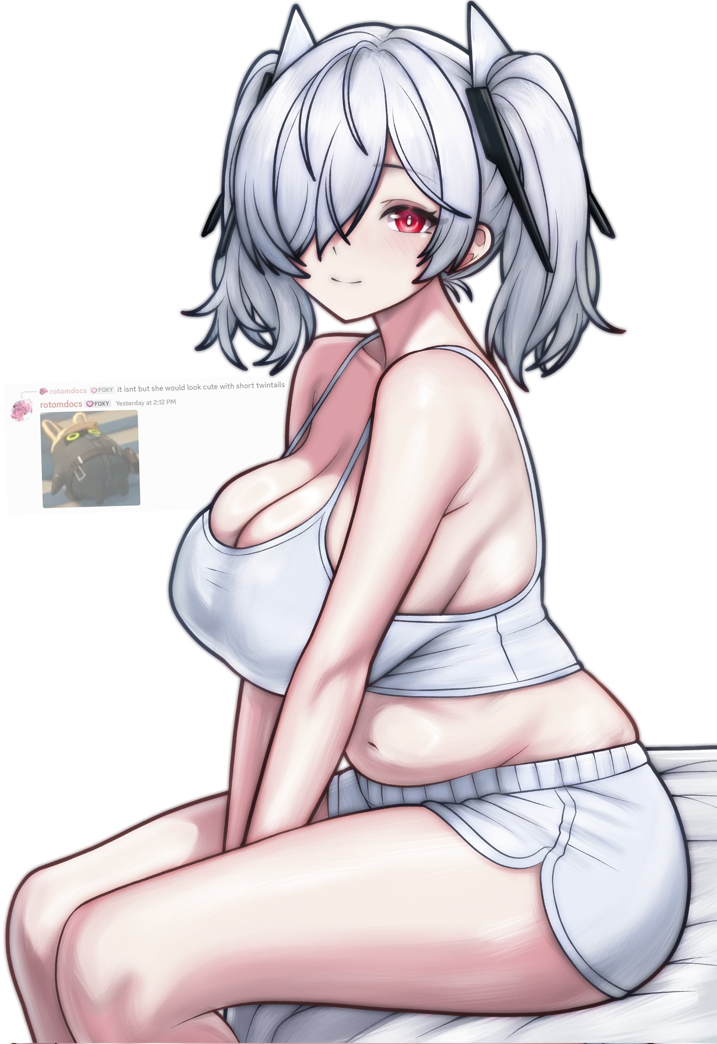 rotomdocs, cinderella (nikke), goddess of victory: nikke, highres, 1girl, alternate costume, alternate hair length, alternate hairstyle, bed, belly, breasts, crop top, dolphin, hair over one eye, large breasts, looking at viewer, red eyes, simple background, sitting, smile, solo, tank top, twintails, white background, white hair