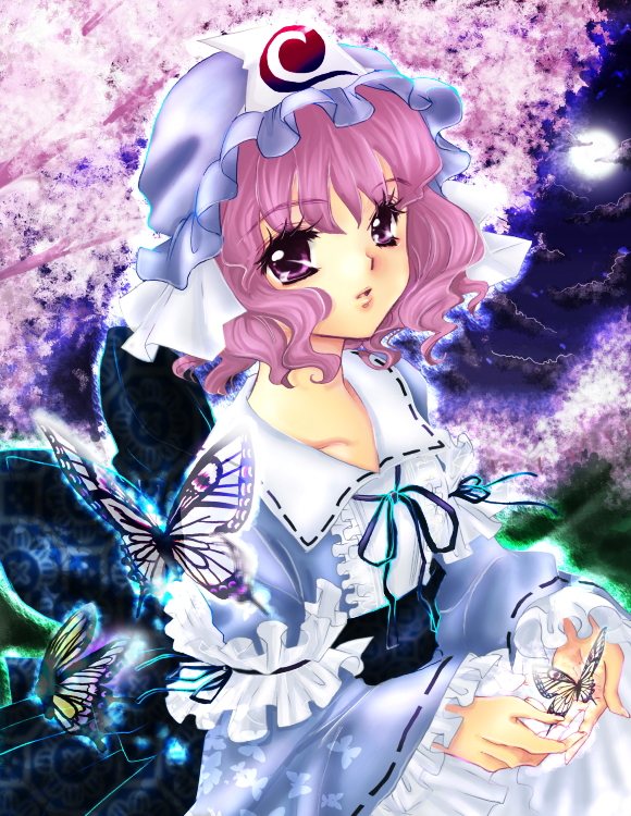 jimadita, jimadita (pixiv), saigyouji yuyuko, touhou, 1girl, bug, butterfly, female focus, hat, japanese clothes, kimono, pink hair, ribbon, short hair, solo