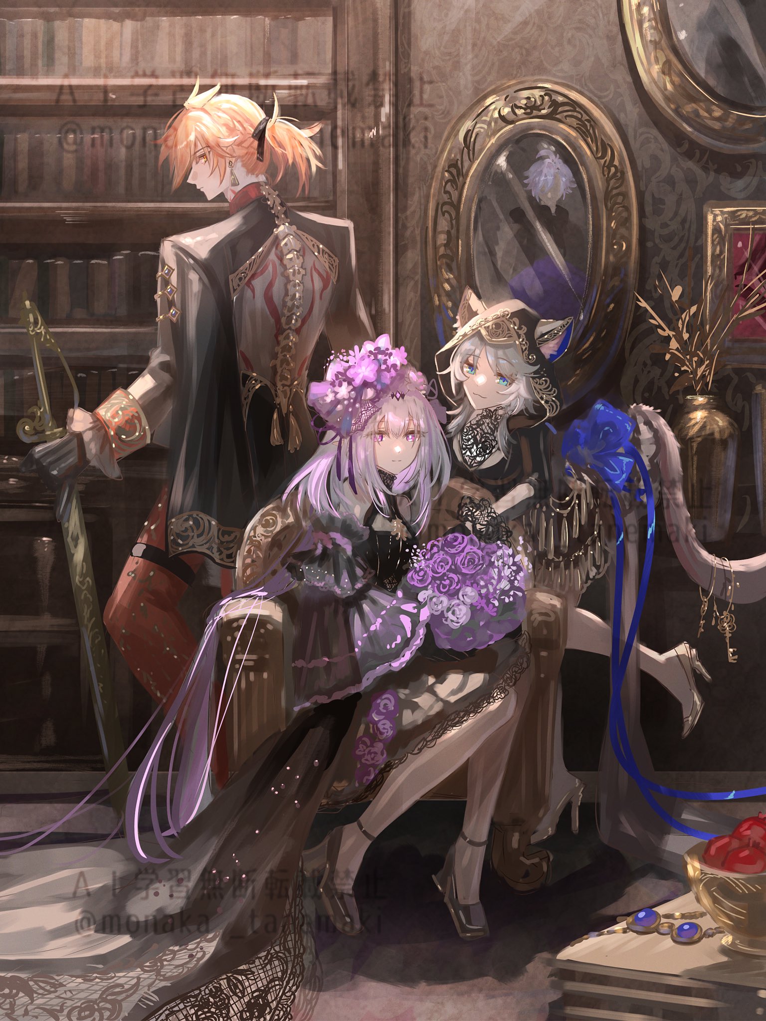 tanemaki monaka, castorice (honkai: star rail), cipher (honkai: star rail), mydei (honkai: star rail), honkai: star rail, honkai (series), highres, 1boy, 2girls, alternate costume, animal ears, animal hood, black coat, black dress, blonde hair, bookshelf, cat ears, cat girl, cat hood, cat tail, coat, couch, dress, grey hair, high heels, holding, holding sword, holding weapon, hood, indoors, long hair, multiple girls, on couch, pants, plant, portrait (object), potted plant, purple eyes, purple hair, red pants, scabbard, sheath, short hair, sitting, sword, tail, very long hair, weapon