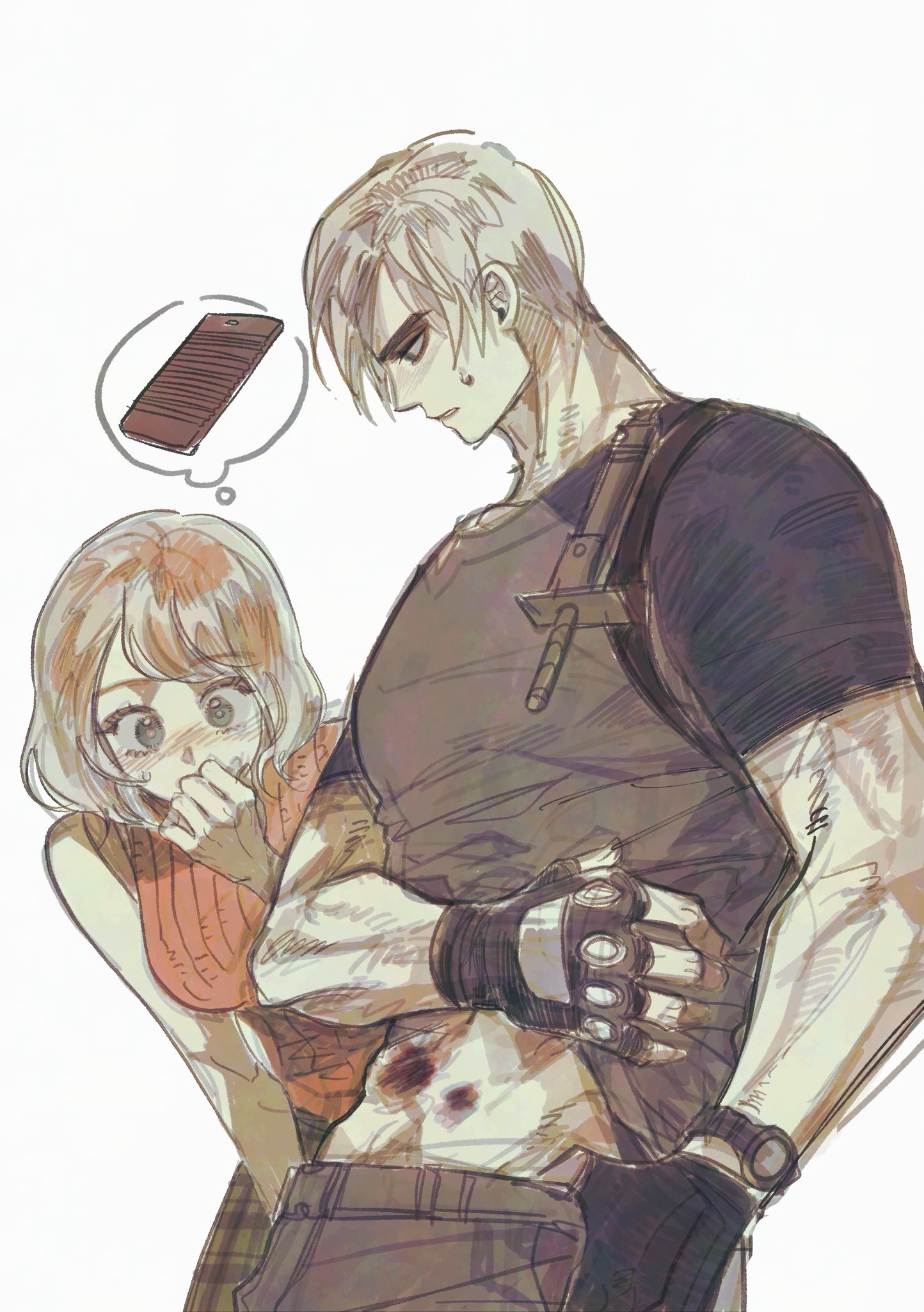 nul, ashley graham, leon s. kennedy, resident evil, resident evil 4, highres, 1boy, 1girl, abs, bare shoulders, black gloves, blonde hair, blood on body, blush, breasts, cheese grater, covering own mouth, cow, fingerless gloves, gloves, green skirt, hand over own mouth, image in thought bubble, knife, looking at another, medium breasts, muscular, muscular male, orange sweater, parted bangs, parted lips, plaid clothes, plaid skirt, shirt, short hair, short sleeves, skirt, sweatdrop, sweater, tight clothes, tight shirt, turtleneck, turtleneck sweater, watch, white background, wristwatch