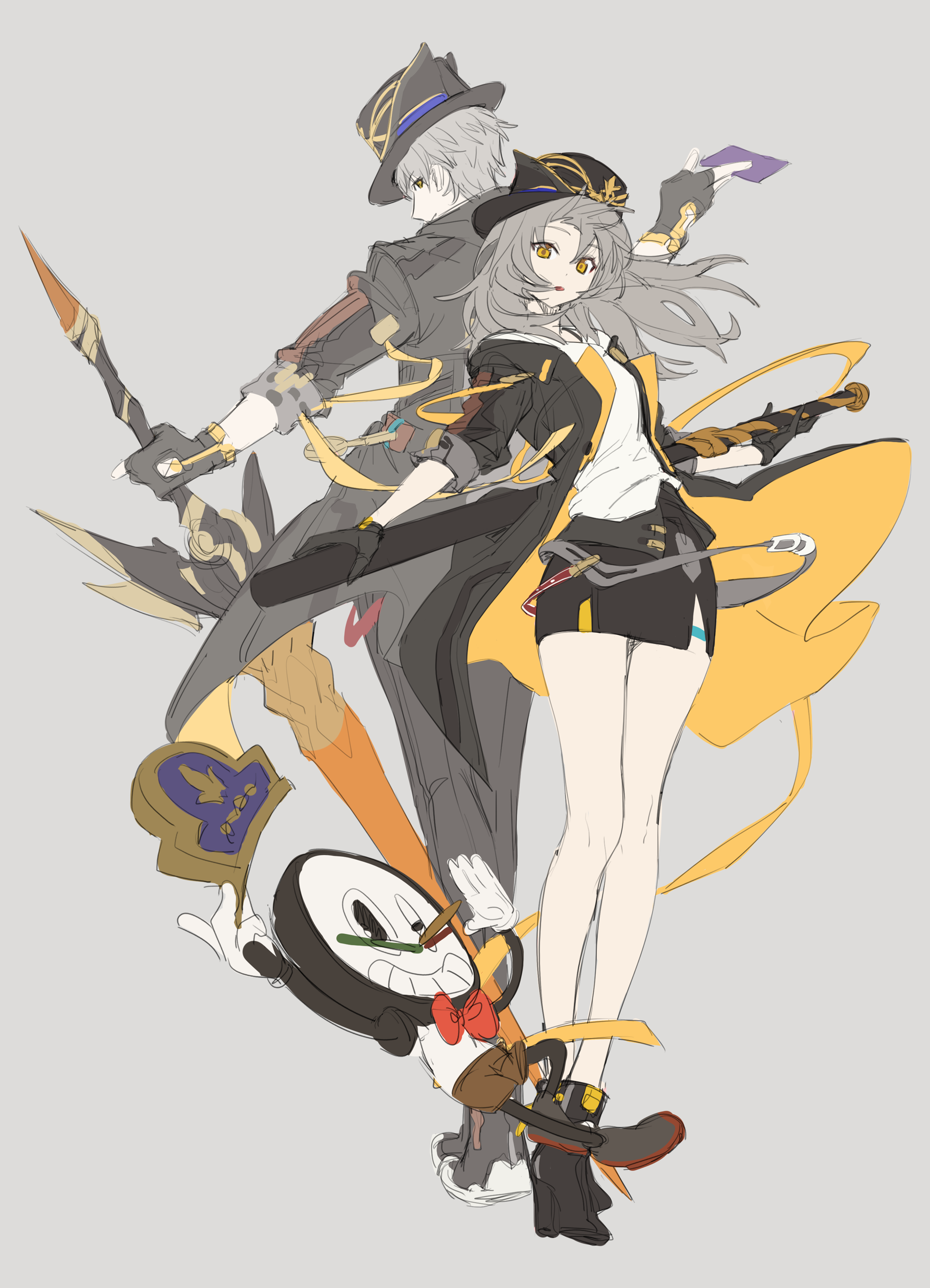 dl (dl 6ix), caelus (honkai: star rail), clockie (honkai: star rail), stelle (honkai: star rail), trailblazer (honkai: star rail), honkai: star rail, honkai (series), absurdres, commentary request, highres, korean commentary, 1boy, 1girl, back-to-back, bare legs, baseball bat, belt, between fingers, black belt, black boots, black coat, black gloves, black hat, black pants, black skirt, boots, card, card between fingers, chain belt, clock, coat, dual persona, eyelashes, fingerless gloves, flat color, floating clothes, floating hair, full body, gloves, grey background, grey hair, hat, high heel boots, high heels, holding, holding baseball bat, holding behind back, holding card, holding polearm, holding weapon, holding weapon behind back, hood, hood down, hooded coat, lance, long hair, long sleeves, looking at viewer, miniskirt, open clothes, open coat, orange coat, orange eyes, pants, parted lips, pencil skirt, playing card, polearm, shirt, short hair, simple background, skirt, sleeve cuffs, standing, surprised, thigh strap, three-quarter sleeves, top hat, two-sided coat, two-sided fabric, weapon, white shirt