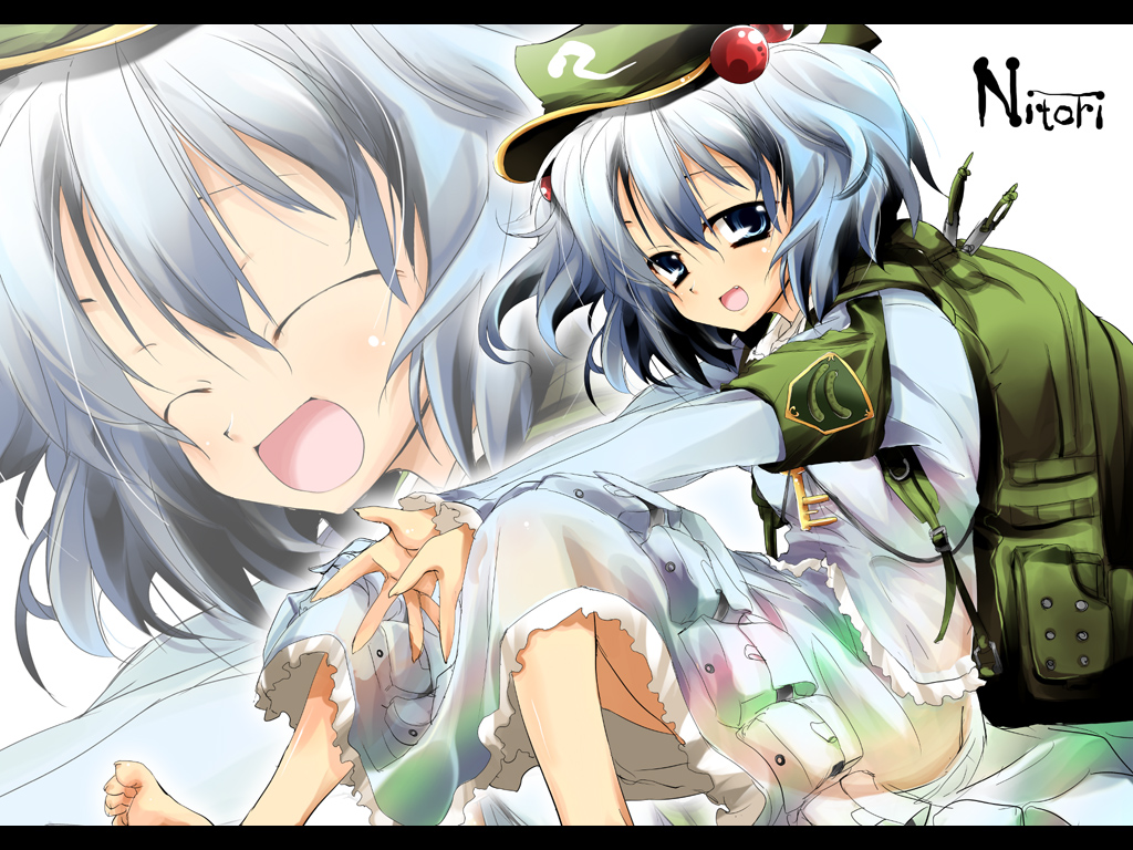 delusion overdose, matsuno canel, kawashiro nitori, touhou, 1girl, backpack, bag, barefoot, blue hair, female focus, happy, hat, randoseru, short hair, smile, solo, two side up