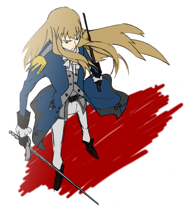 d'eon de beaumont, le chevalier d'eon, 1boy, blonde hair, floating hair, full body, holding, holding sword, holding weapon, legs apart, long hair, male focus, pants, rapier, sidelocks, simple background, solo, standing, sword, very long hair, weapon, white background