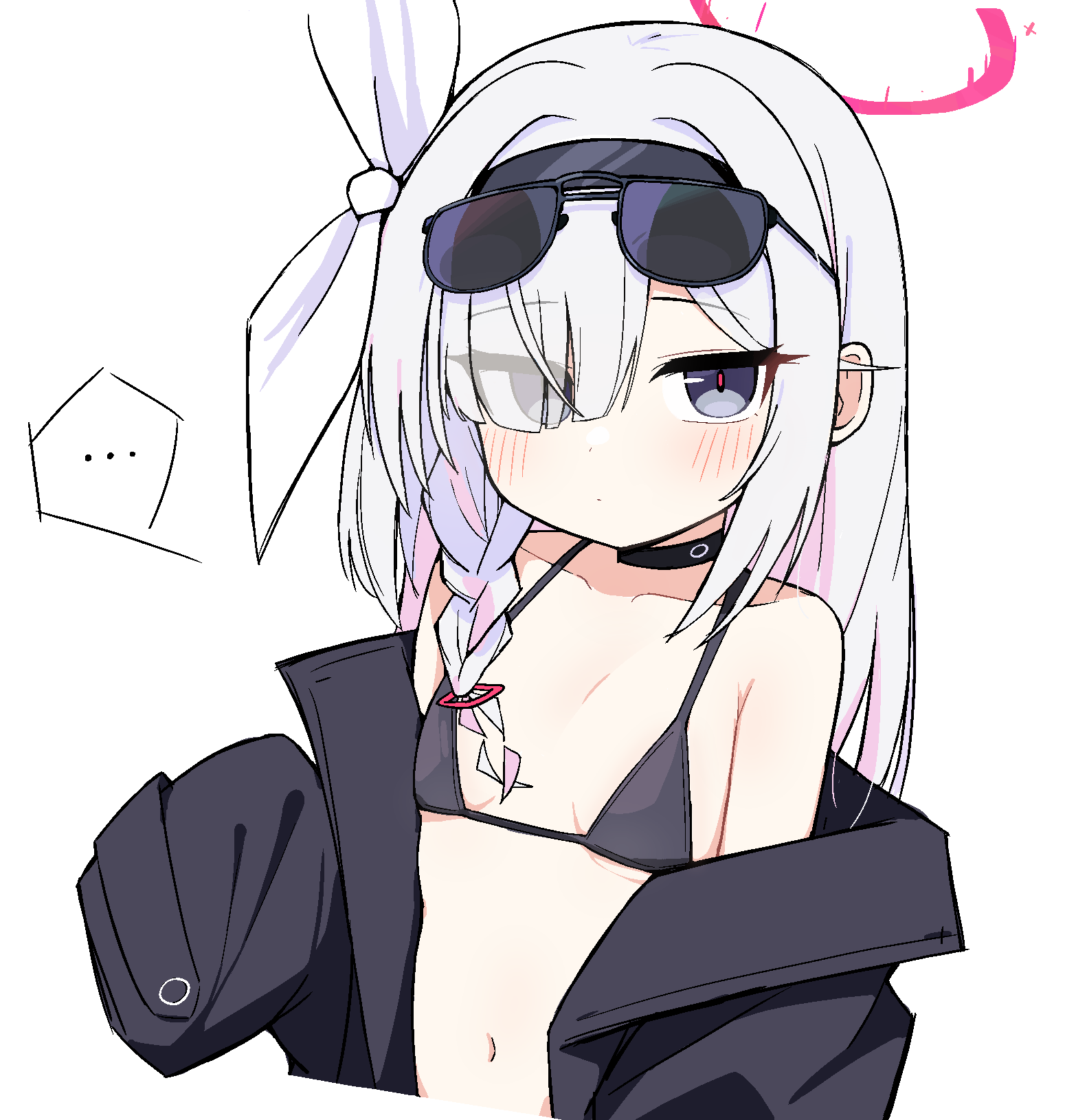 tagyeokgam, plana (blue archive), blue archive, highres, …, 1girl, bikini, black bikini, black choker, black eyes, black jacket, blush, braid, breasts, choker, eyes visible through hair, eyewear on head, grey hair, hair over one eye, halo, jacket, long hair, looking at viewer, navel, off shoulder, open clothes, open jacket, red halo, side braid, simple background, small breasts, solo, spoken ellipsis, sunglasses, swimsuit, upper body, white background