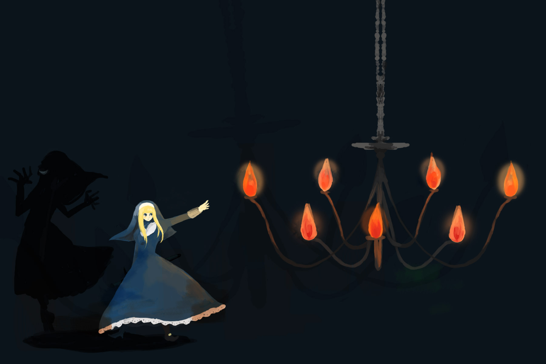 beatmania iidx, bemani, pop'n music, highres, chandelier, dark, fire, nun, shadow, solo, traditional nun