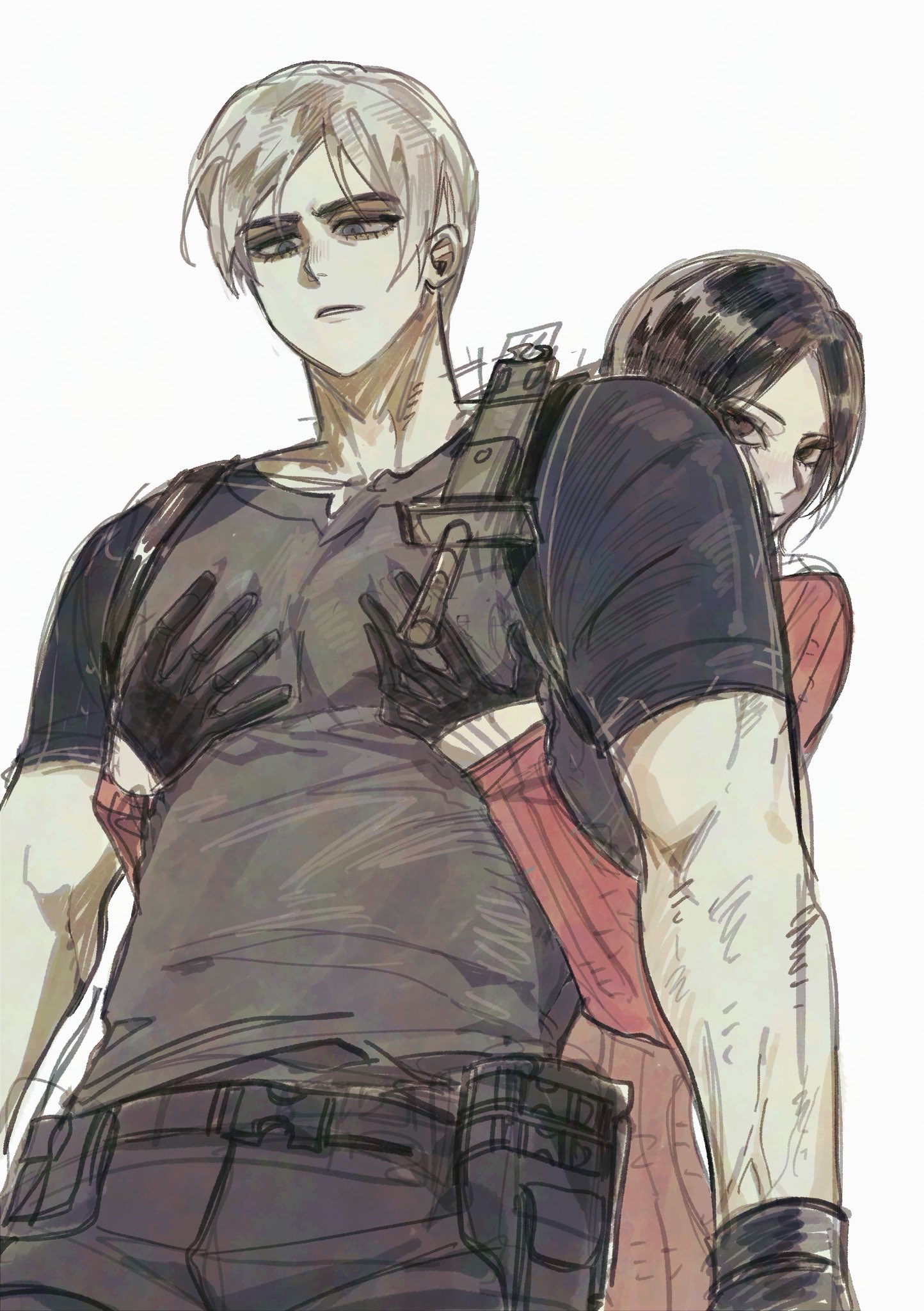 nul, ada wong, leon s. kennedy, resident evil, resident evil 4, highres, 1boy, 1girl, belt, black gloves, black hair, black pants, black shirt, blonde hair, dress, gloves, half gloves, hands on another's chest, hetero, knife, long sleeves, muscular, muscular male, pants, parted bangs, parted lips, red dress, shirt, short sleeves, sleeves past wrists, tight clothes, tight shirt, utility belt, white background
