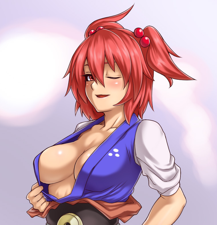 houtengeki, onozuka komachi, touhou, 1girl, blush, breasts, center opening, cleavage, clothes pull, female focus, hou takashi ji, large breasts, one eye closed, open mouth, red eyes, red hair, shirt pull, short hair, solo, twintails, two side up, wink