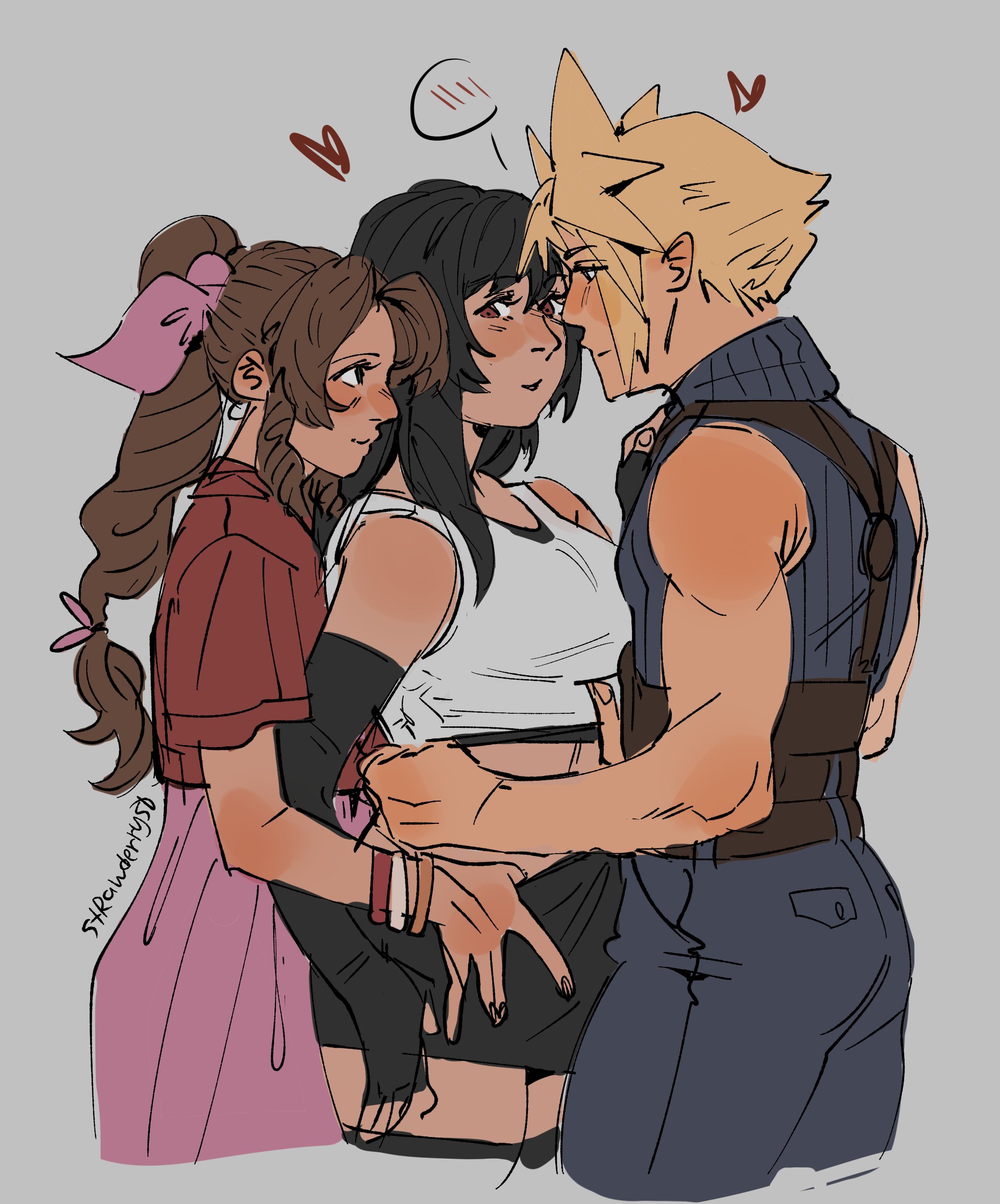 strawderryst, aerith gainsborough, cloud strife, tifa lockhart, final fantasy, final fantasy vii, final fantasy vii remake, absurdres, highres, 1boy, 2girls, bisexual female, black hair, black skirt, blonde hair, blush, boy and girl sandwich, brown hair, cropped legs, fingerless gloves, gloves, hand in another's skirt, heart, multiple girls, ponytail, sandwiched, simple background, skirt, sleeveless, sleeveless turtleneck, spiked hair, spoken blush, tank top, turtleneck, white tank top