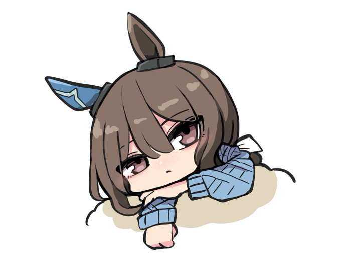 kawamochi (tddm3573), admire vega (umamusume), umamusume, 1girl, animal ears, blue sweater, brown eyes, brown hair, chibi, closed mouth, hair between eyes, horse ears, long hair, long sleeves, looking at viewer, low ponytail, ponytail, puffy long sleeves, puffy sleeves, simple background, solo, sweater, upper body, white background