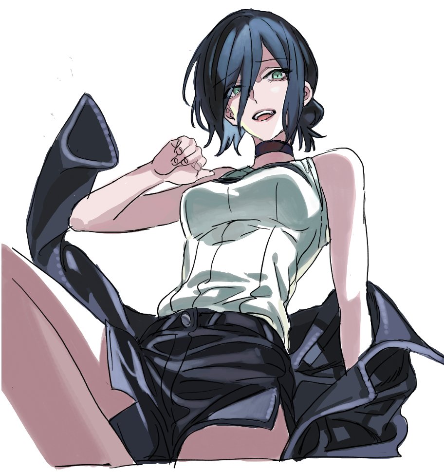 nobita (makoto7060355), reze (chainsaw man), chainsaw man, 1girl, black choker, black ribbon, choker, collared shirt, green eyes, grenade pin, hair between eyes, hair bun, neck ribbon, pull cord, ribbon, shirt, shirt tucked in, single hair bun, sleeveless, sleeveless shirt, solo
