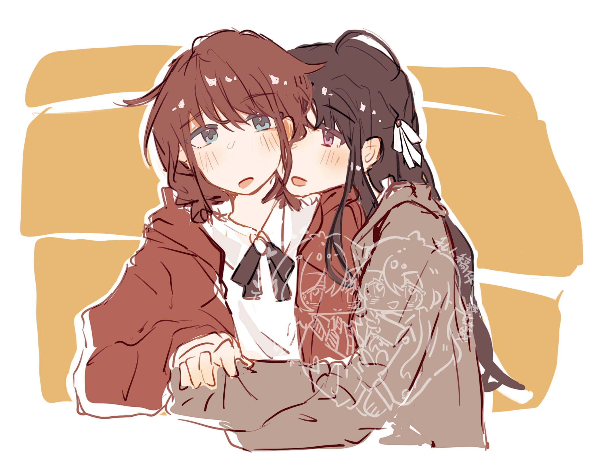 hazel1346729, awa subaru, iseri nina, girls band cry, chinese commentary, commentary request, highres, 2girls, ahoge, black hair, black ribbon, blue eyes, blush, brown hair, grey jacket, hair ribbon, hug, jacket, long hair, low twintails, multiple girls, neck ribbon, open clothes, open jacket, open mouth, purple eyes, red jacket, ribbon, shirt, short hair, short twintails, sidelocks, twintails, white ribbon, white shirt, yuri