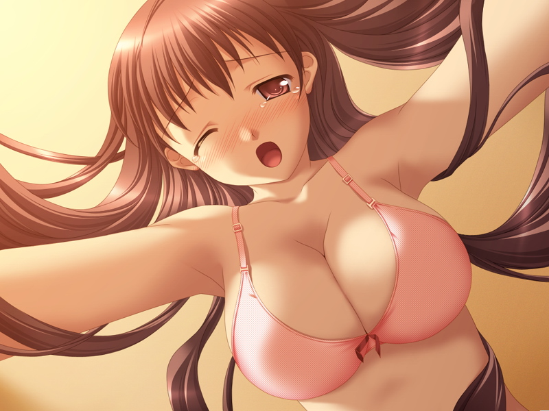 iwasaki kouji, tachibana saori, alto, alto (game), jast, game cg, 1girl, bare shoulders, blush, bra, breasts, brown eyes, brown hair, cleavage, female focus, large breasts, lingerie, long hair, one eye closed, open mouth, solo, tears, underwear, wink