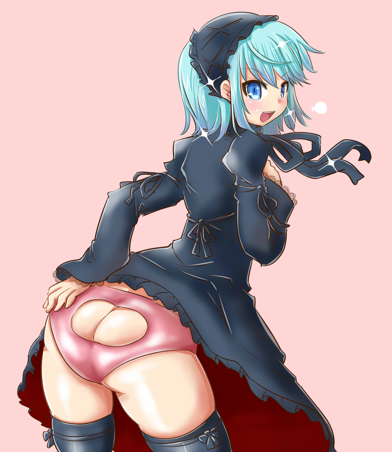 itini-sanshi, 2channel, manatsu no yo no inmu, commentary request, highres, 1boy, 2channel (/livejupiter/), aile-kun, ass, ass focus, blue eyes, blue hair, blush, cosplay, cowboy shot, crossdressing, crossdressing (mtf), dress, frilled hairband, frills, grey dress, grey hairband, grey thighhighs, hairband, long sleeves, looking at viewer, looking back, male focus, neck ribbon, necktie dekasugi, necktie dekasugi (cosplay), open mouth, pink background, ribbon, short hair, simple background, sleeve ribbon, smile, solo, sparkle, thighhighs, trap