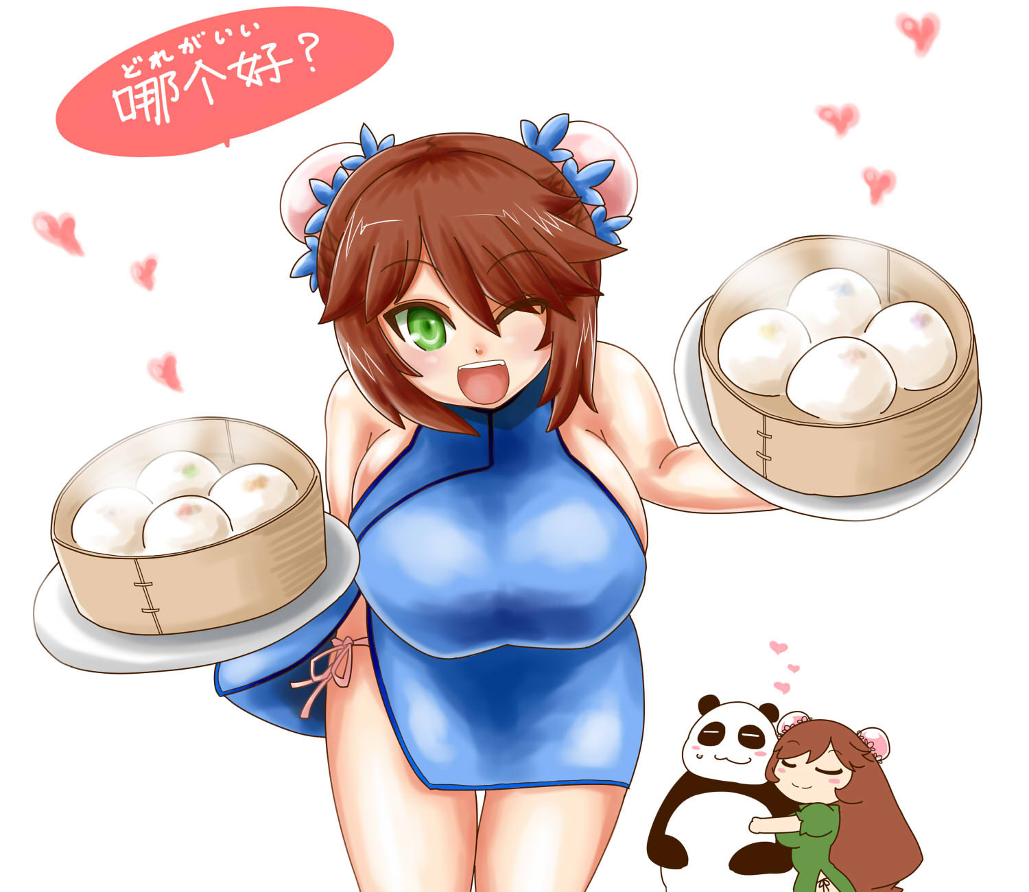 itini-sanshi, souseiseki, suiseiseki, rozen maiden, commentary request, highres, translation request, 2girls, :d, alternate breast size (larger), blush, breasts, brown hair, bun cover, china dress, chinese clothes, cowboy shot, double bun, dress, green dress, green eyes, hair bun, heart, hug, huge breasts, large breasts, leaning forward, looking at viewer, multiple girls, one eye closed, open mouth, panda, short hair, siblings, simple background, sisters, sleeveless, sleeveless dress, smile, solo focus, twins, white background
