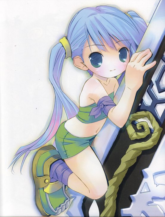 pop, gretel (otogi-jushi akazukin), otogi-juushi akazukin, gretel, scan, 00s, 1girl, bandages, bandeau, bare shoulders, blue eyes, blue hair, chibi, female focus, long hair, matching hair/eyes, midriff, navel, shorts, simple background, sleeveless, socks, solo, strapless, sword, tube top, twintails, weapon