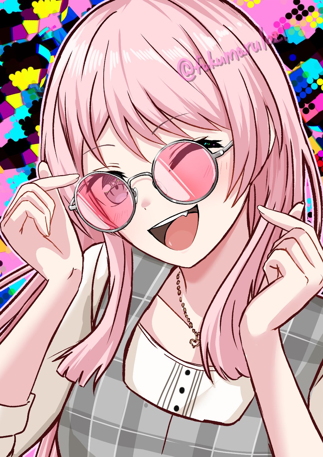 fukumaru1021, chihaya anon, bang dream!, bang dream! it's mygo!!!!!, commentary, highres, 1girl, double finger heart, dress, finger heart, grey dress, jewelry, long hair, necklace, one eye closed, open mouth, pinafore dress, pink-tinted eyewear, pink hair, plaid clothes, plaid dress, shirt, sleeveless, sleeveless dress, solo, teeth, tinted eyewear, upper teeth only, white shirt