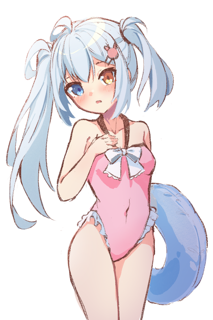 yokura (yukilina), pahichannel, indie virtual youtuber, highres, 1girl, ahoge, bare shoulders, blue eyes, blue hair, blush, bow, bow swimsuit, breasts, covered navel, embarrassed, feet out of frame, hair ornament, hair tie, hand on own chest, head tilt, heterochromia, looking at viewer, one-piece swimsuit, open mouth, orange eyes, pink one-piece swimsuit, pool float, rabbit hair ornament, short hair, small breasts, solo, standing, swimsuit, twintails, uneven twintails, virtual youtuber, white background, white bow