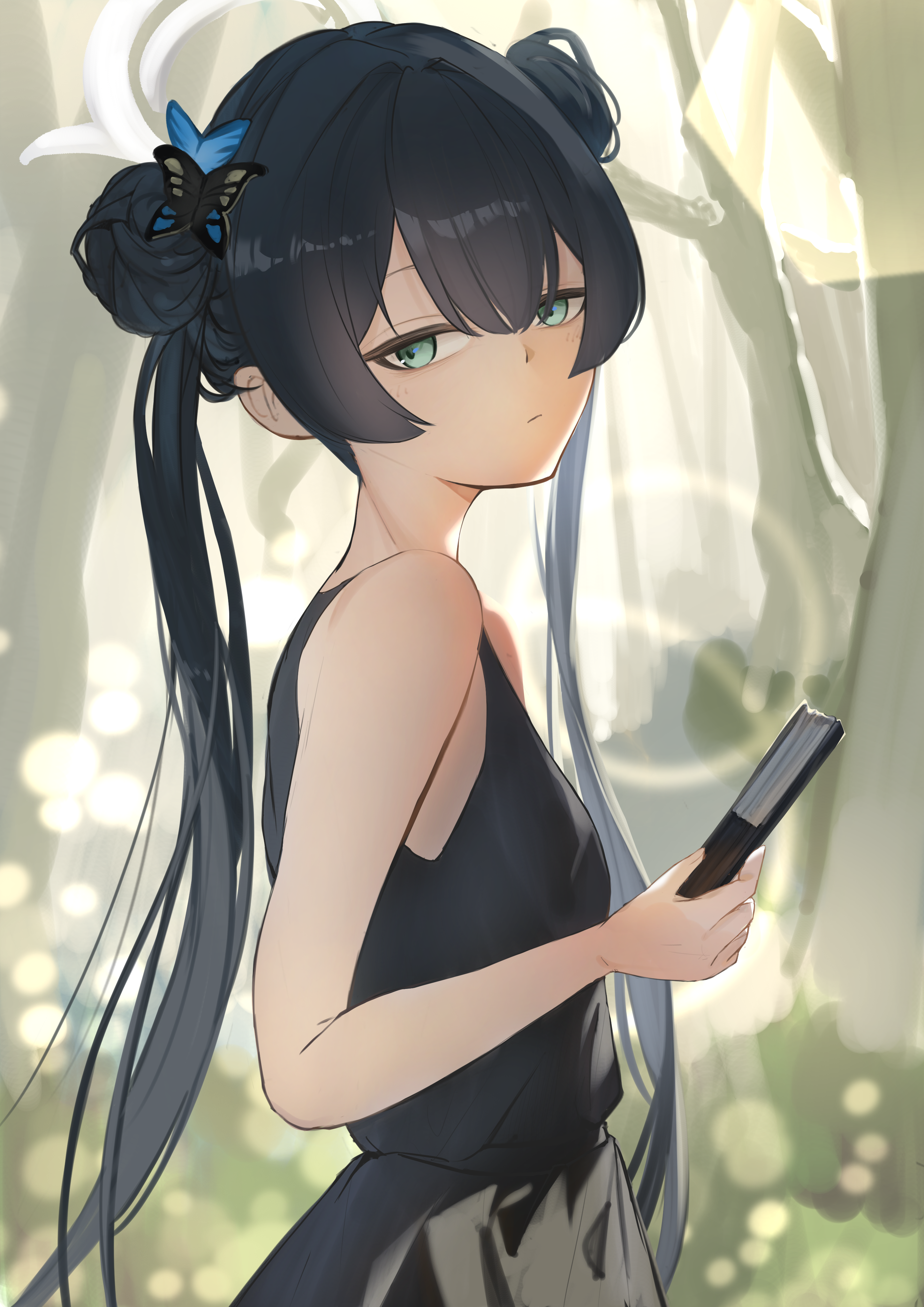 kisaki (blue archive), blue archive, absurdres, commentary request, highres, partial commentary, 1girl, air bubble, black dress, black hair, blue eyes, blurry, blurry background, blush, breasts, bubble, closed mouth, double bun, dress, hair bun, halo, kure (kuremnn), long hair, looking at viewer, sleeveless, sleeveless dress, small breasts, solo, twintails