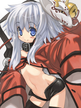 watarai-bokujou, mugen no fantasia, silver hair, lowres, 1girl, blue eyes, blush, collar, female focus, flat chest, midriff, shorts, solo, thighhighs