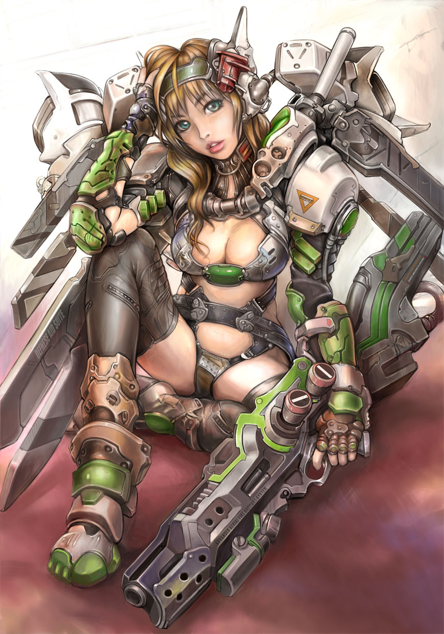 kuratch, original, highres, 1girl, armor, blue eyes, boots, breasts, brown hair, cleavage, female focus, gun, mecha, medium breasts, power armor, rifle, robot, solo, thighhighs, weapon, wings