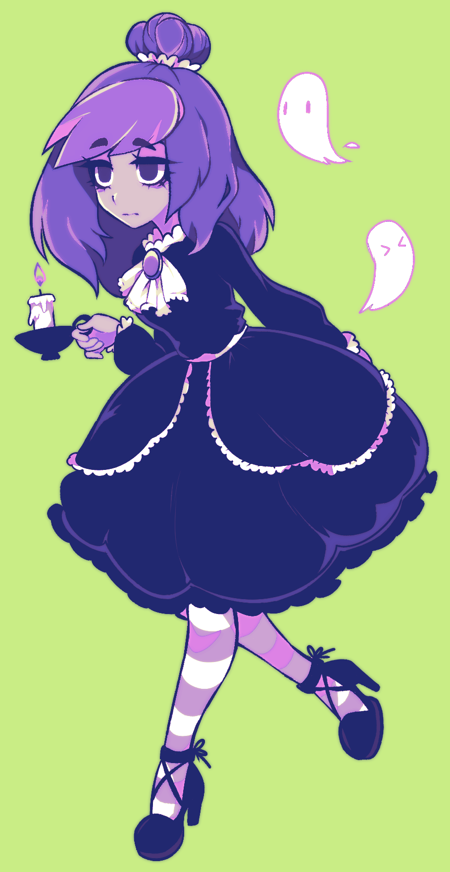 blackberry cookie, cookie run, artist request, highres, third-party source, 1girl, ankle ribbon, ascot, bags under eyes, black dress, black ribbon, black shoes, braid, brooch, candle, closed mouth, collared dress, colored skin, dress, eyelashes, fire, frilled ascot, frilled dress, frilled sleeves, frills, full body, ghost, gothic lolita, green background, grey skin, hair bun, half updo, high heels, holding, holding candle, humanization, jewelry, leaning forward, leg ribbon, lolita fashion, long hair, long sleeves, looking ahead, medium dress, pantyhose, puffy long sleeves, puffy sleeves, purple eyes, purple hair, purple pantyhose, ribbon, shoes, single braid, single hair bun, solo, striped clothes, striped pantyhose, two-tone pantyhose, walking, white ascot, white pantyhose
