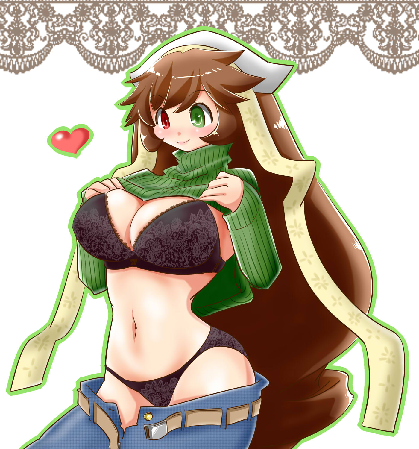itini-sanshi, suiseiseki, rozen maiden, commentary request, highres, 1girl, alternate breast size (larger), alternate costume, belt, black bra, black panties, blush, border, bra, breasts, brown belt, brown hair, cleavage, closed mouth, clothes lift, clothes pull, cowboy shot, floral print, floral print bra, floral print panties, green eyes, green sweater, headscarf, heart, heterochromia, lace, lace border, large breasts, long hair, looking afar, navel, open fly, ornate border, panties, pants, pants pull, print panties, red eyes, simple background, smile, solo, sweater, sweater lift, turtleneck, turtleneck sweater, underwear, very long hair, white background, white headscarf