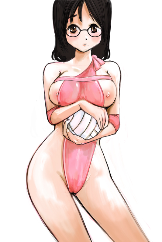 kazaana, original, 1girl, ball, black hair, breasts, female focus, glasses, highleg, highleg one-piece swimsuit, medium breasts, nipples, one-piece swimsuit, solo, swimsuit, volleyball, volleyball (object)