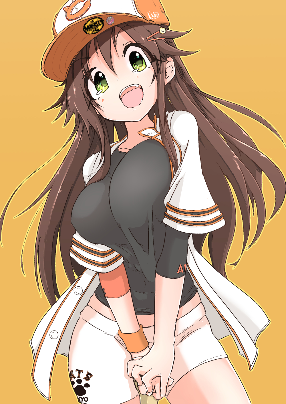 owerk, himekawa yuki, idolmaster, idolmaster cinderella girls, highres, 1girl, baseball cap, baseball jersey, black shirt, blush, breasts, brown hair, collarbone, green eyes, hair flaps, hat, jersey, large breasts, long hair, looking at viewer, midriff, orange background, own hands together, shirt, shorts, simple background, smile, solo, straight hair, thighs, very long hair, white shorts, wristband