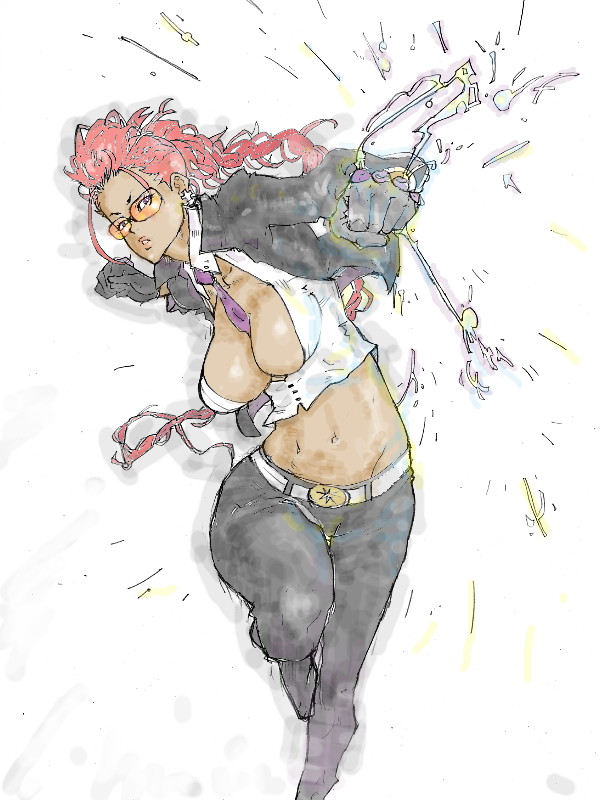 kyuraa (kyura9een), crimson viper, capcom, street fighter, street fighter iv (series), 1girl, between breasts, breasts, cleavage, fauxhawk, female focus, glasses, gloves, large breasts, leather, mature female, necktie, necktie between breasts, pompadour, red hair, solo