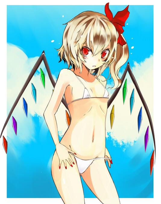 takaharu, flandre scarlet, touhou, bad id, bad pixiv id, 1girl, bikini, blonde hair, female focus, ponytail, ribbon, short hair, solo, swimsuit, white bikini, wings