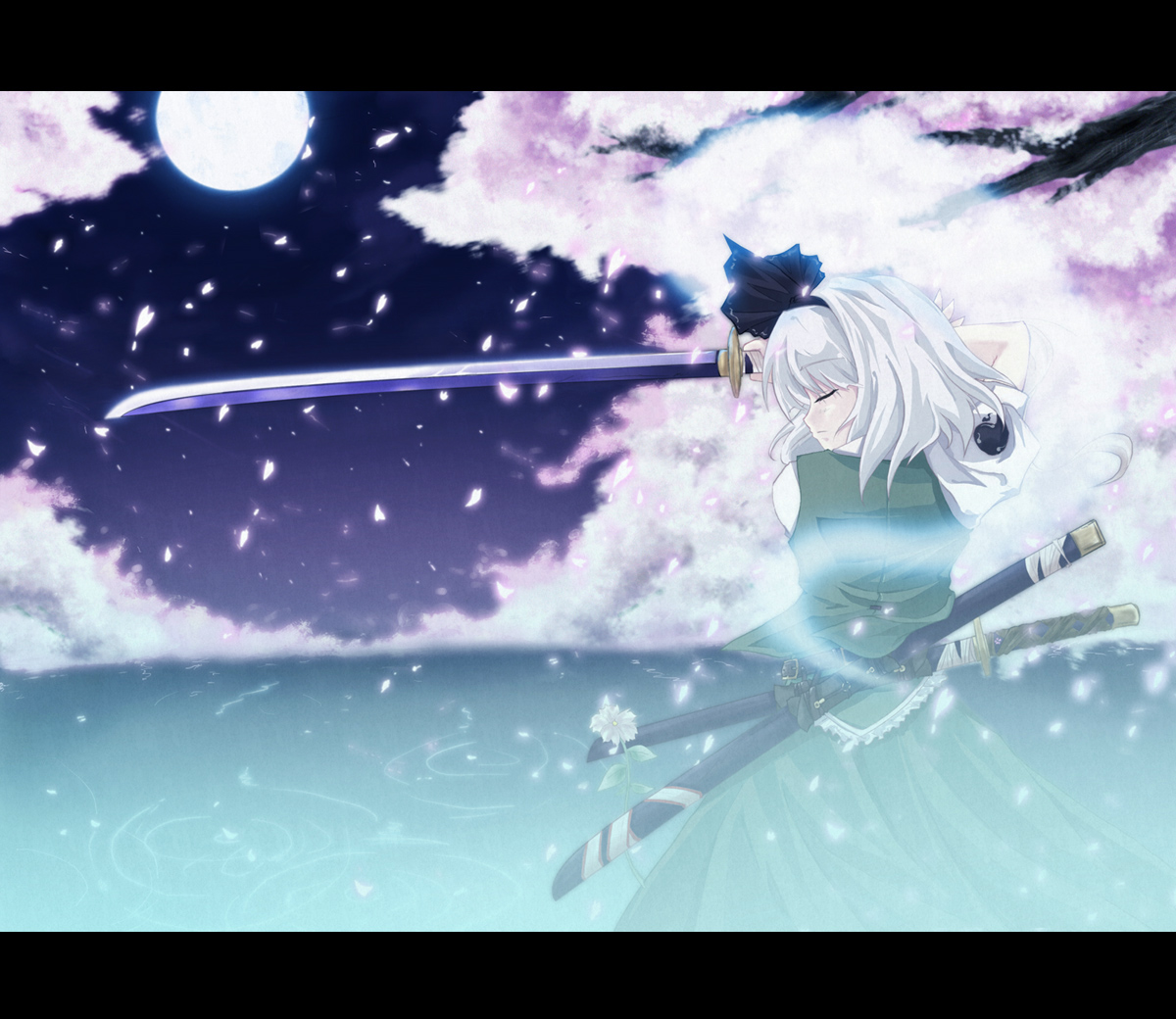 auer, konpaku youmu, konpaku youmu (ghost), touhou, bad id, bad pixiv id, 1girl, cherry blossoms, closed eyes, female focus, from behind, full moon, ghost, hitodama, katana, letterboxed, moon, ribbon, short hair, solo, sword, water, weapon, white hair