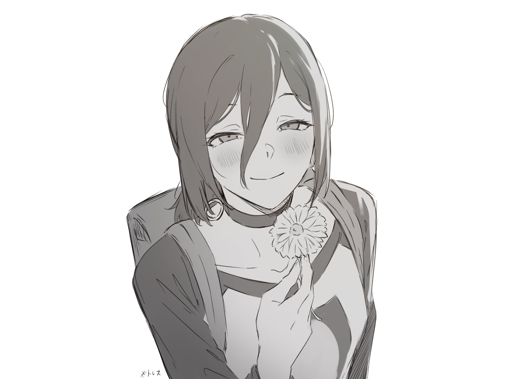 kanade (kanade 3344), reze (chainsaw man), chainsaw man, highres, translation request, 1girl, backpack, bag, blush, choker, closed mouth, flower, greyscale, hair between eyes, holding, holding flower, long hair between eyes, looking at viewer, monochrome, shirt, solo, upper body, white background
