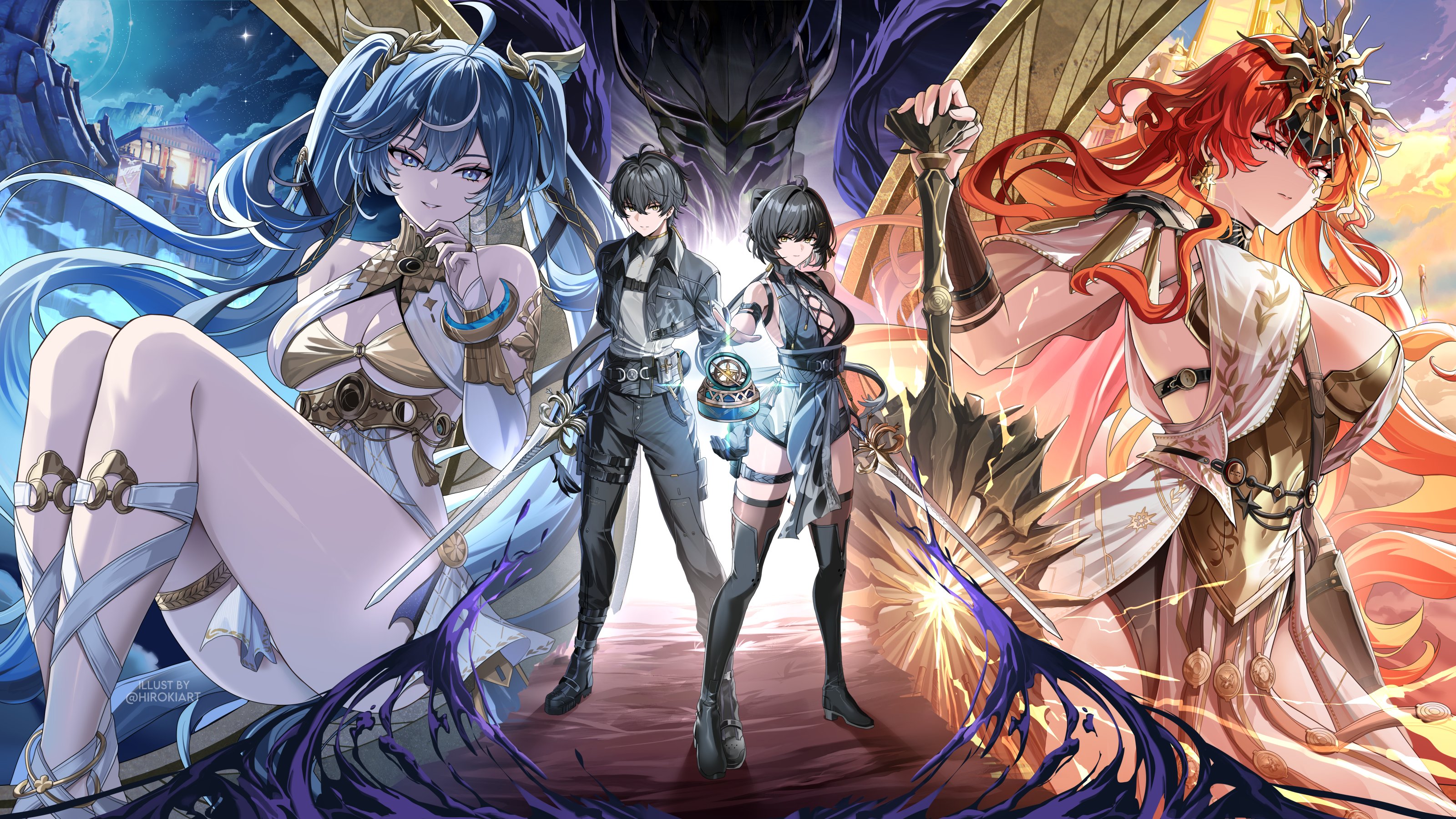 hiroki (hirokiart), augusta (wuthering waves), female rover (wuthering waves), iuno (wuthering waves), male rover (wuthering waves), rover (wuthering waves), wuthering waves, absurdres, commentary, english commentary, highres, making-of available, 1boy, 3girls, ahoge, ancient greek clothes, armlet, armor, bare shoulders, black boots, black dress, black hair, black jacket, black pants, blue eyes, blue hair, boots, breastplate, breasts, cross-laced clothes, cross-laced dress, dress, earrings, false sovereign (wuthering waves), gold bra, greatsword, greco-roman clothes, hand on hilt, hand up, headgear, holding, holding sword, holding weapon, jacket, jewelry, large breasts, laurel crown, long hair, looking at viewer, medium breasts, multicolored hair, multiple girls, orange hair, pangu terminal (wuthering waves), pants, parted lips, red eyes, sleeveless, sleeveless dress, smile, streaked hair, sun earrings, sword, tacet discord (wuthering waves), thigh boots, thighlet, thighs, twintails, very long hair, weapon, white dress, yellow eyes