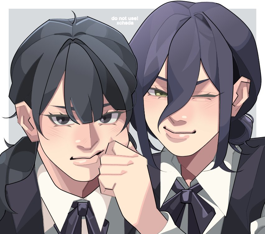 xchsda, mitaka asa, reze (chainsaw man), chainsaw man, 2girls, artist name, black dress, black eyes, black hair, black ribbon, chain, cheek pinching, closed mouth, dress, fourth east high school uniform, green eyes, hair between eyes, hair bun, hands on another's cheeks, hands on another's face, long hair, looking at viewer, multiple girls, one eye closed, pinafore dress, pinching, ribbon, school uniform, shirt, sleeveless, sleeveless dress, white shirt