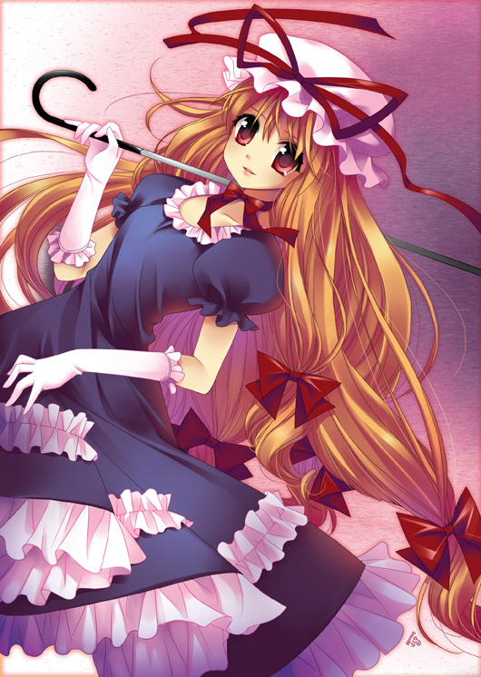 slp, yakumo yukari, touhou, 1girl, blonde hair, dress, female focus, gradient background, hat, long hair, ribbon, solo