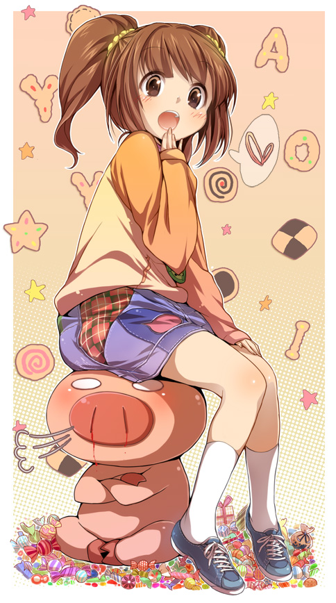 buriki, takatsuki yayoi, idolmaster, idolmaster (classic), idolmaster 1, plaid, bad id, bad pixiv id, 00s, 1girl, blood, brown eyes, brown hair, candy, checkerboard cookie, cookie, female focus, food, nosebleed, open mouth, pencil skirt, pig, ponytail, raglan sleeves, short hair, sitting, skirt, solo, twintails