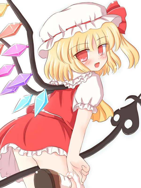 ry (yagoyago), flandre scarlet, touhou, 1girl, blonde hair, blush, female focus, hat, looking back, mob cap, panties, panties around leg, red eyes, ribbon, short hair, solo, underwear, wings