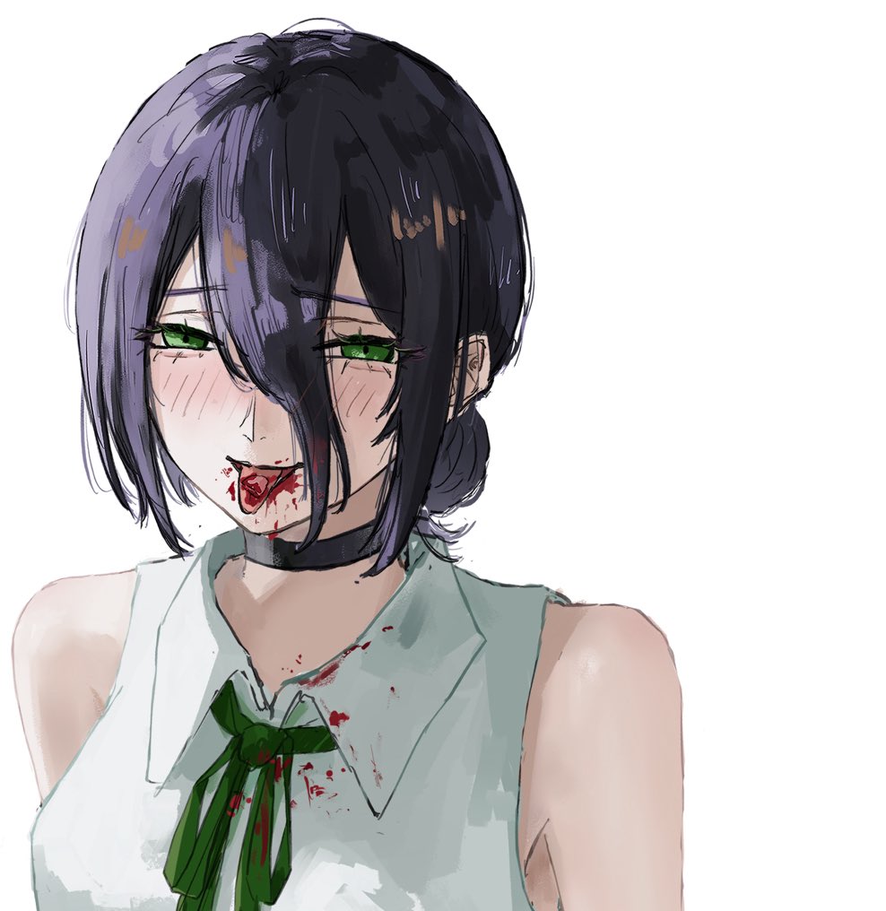 ushi yo, reze (chainsaw man), chainsaw man, 1girl, black choker, black hair, blood, blood on clothes, blood on face, choker, collared shirt, green eyes, green ribbon, hair between eyes, hair bun, ribbon, severed tongue, shirt, simple background, sleeveless, sleeveless shirt, solo, white background, white shirt