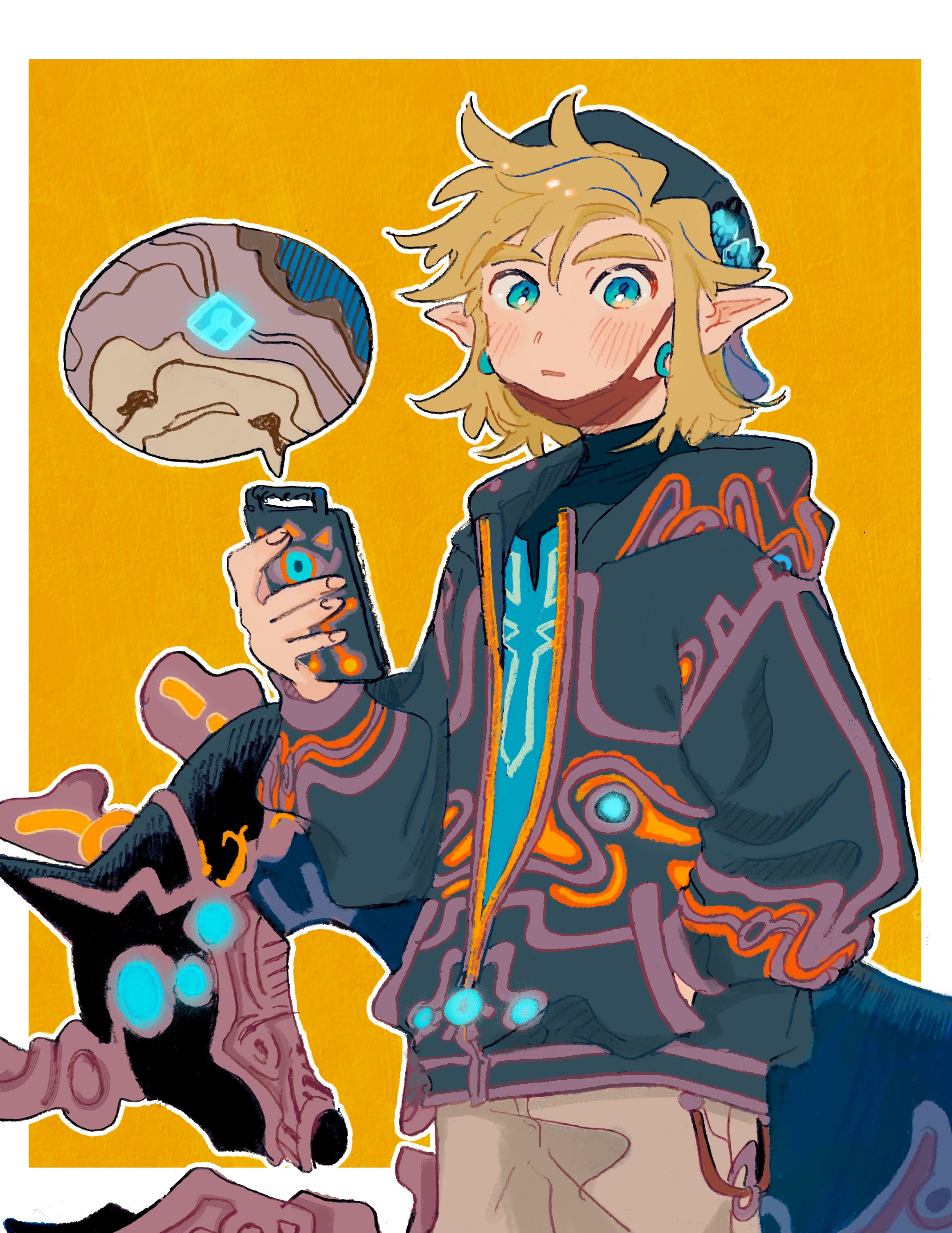 sunaoni704, link, nintendo, the legend of zelda, the legend of zelda: breath of the wild, absurdres, commentary request, highres, 1boy, aqua eyes, aqua shirt, backwards hat, blonde hair, blush, border, champion's tunic (zelda), earrings, glowing, glowing eyes, grey pants, hair between eyes, hand in pocket, hat, horse, jacket, jewelry, looking at viewer, male focus, map, master cycle, orange background, pants, parted lips, pointy ears, print jacket, sheikah slate, shirt, sidelocks, solo, thick eyebrows, white border