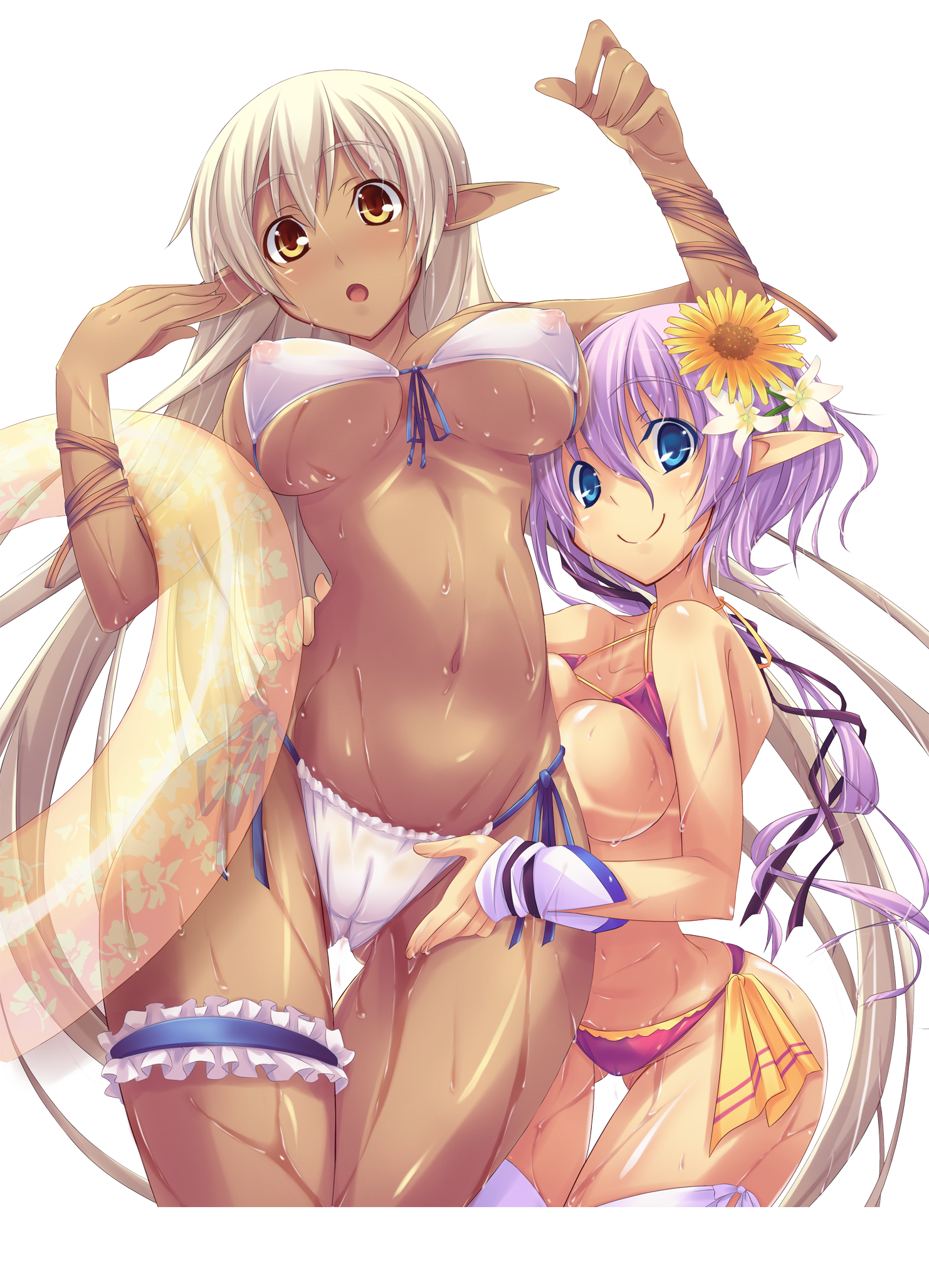 shimakaze (soundz of bell), original, oil, highres, 2girls, :o, animal ears, bikini, bikini tan, bikini top lift, blue eyes, breast press, breasts, cameltoe, clothes lift, covered erect nipples, dark-skinned female, dark skin, flower, groin, hair flower, hair ornament, hair ribbon, hip focus, innertube, large breasts, long hair, looking at viewer, midriff, multiple girls, narrow waist, navel, open mouth, pointy ears, purple hair, ribbon, see-through clothes, side-tie bikini bottom, skinny, slender, smile, standing, sunflower, swim ring, swimsuit, tan, tanline, thigh gap, thighs, transparent background, underboob, very long hair, wet, white hair, yellow eyes, yuri