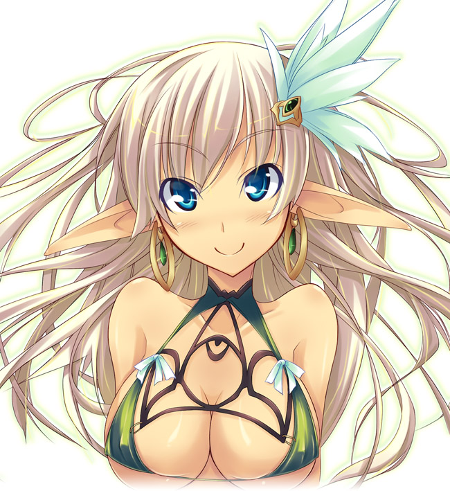 shimakaze (soundz of bell), original, 1girl, blue eyes, breasts, cleavage, covered erect nipples, earrings, female focus, hair ornament, hoop earrings, jewelry, long hair, pointy ears, smile, solo, white hair