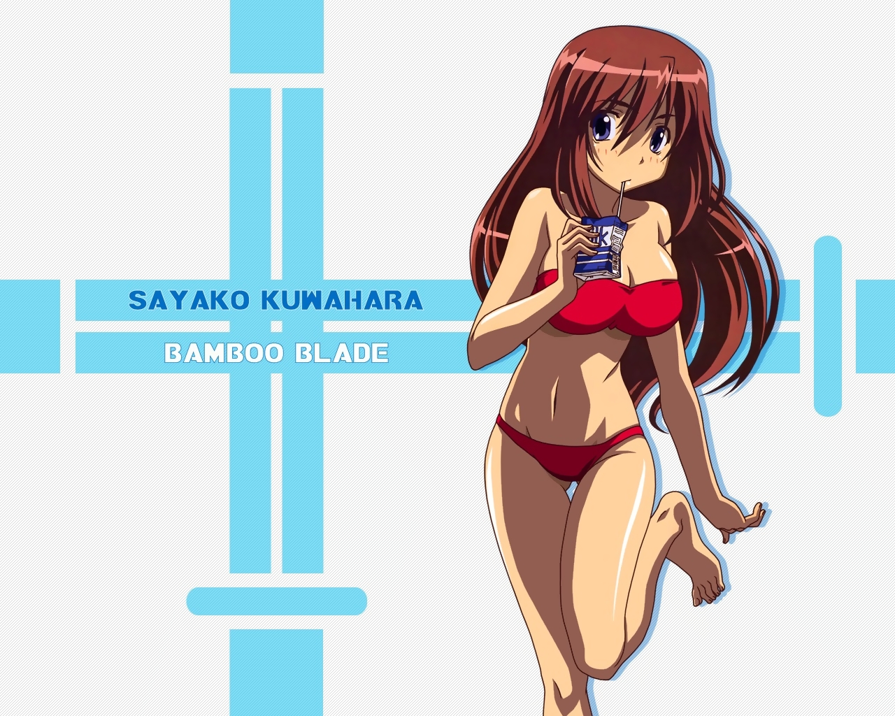 yanagi shinsuke, kuwahara sayako, bamboo blade, 00s, 1girl, arm at side, bandeau, barefoot, bikini, blue eyes, blush, breasts, brown hair, character name, cleavage, closed mouth, copyright name, drink, drinking, drinking straw, english text, feet, female focus, groin, hair between eyes, hand up, hip focus, holding, juice box, large breasts, leg lift, long hair, looking at viewer, navel, red bikini, shadow, simple background, solo, standing, standing on one leg, straight hair, strapless, strapless bikini, swimsuit, thigh gap, very long hair, white background