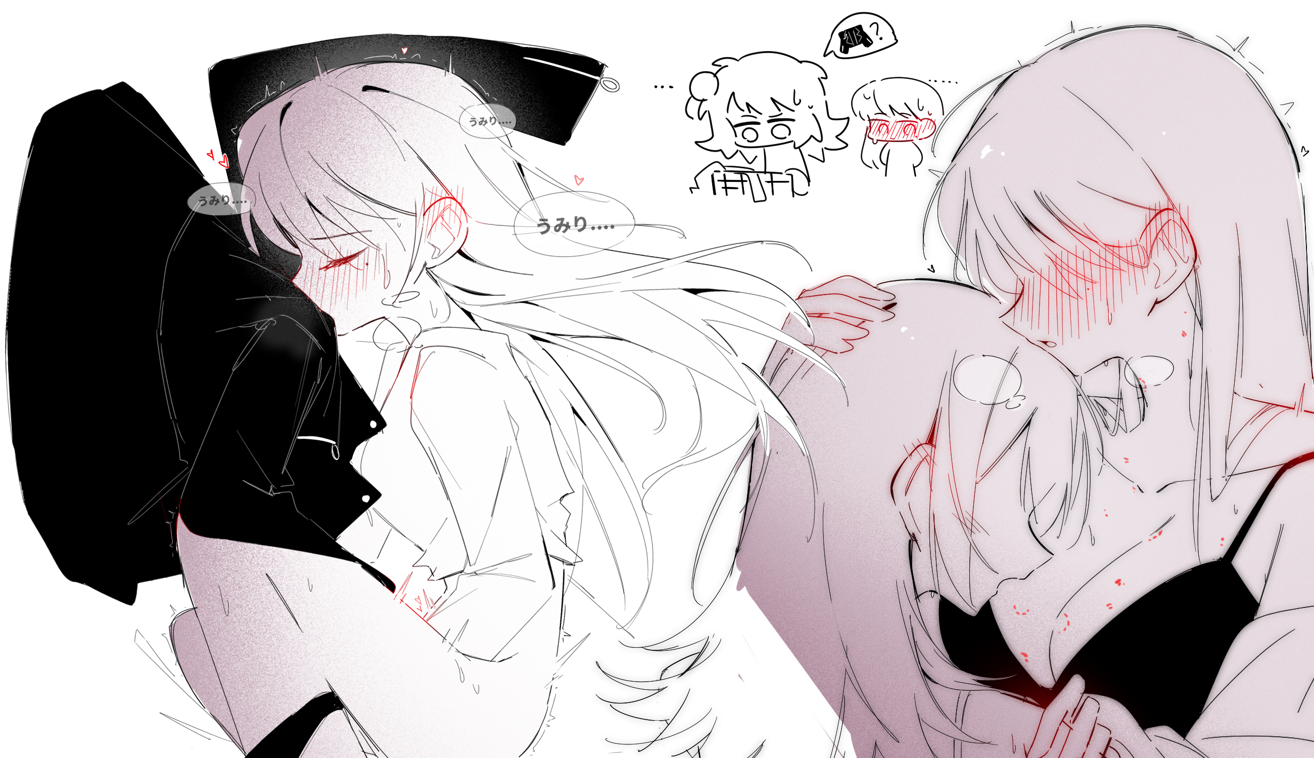 zikiki1092, shiina taki, yahata umiri, bang dream!, bang dream! it's mygo!!!!!, commentary request, highres, translated, 2girls, bite mark, bite mark on breast, blush, bra, breasts, cleavage, closed eyes, ear blush, female masturbation, greyscale, hand on another's head, heart, hickey, long hair, masturbation, monochrome, multiple girls, panties, panty pull, spot color, underwear, yuri