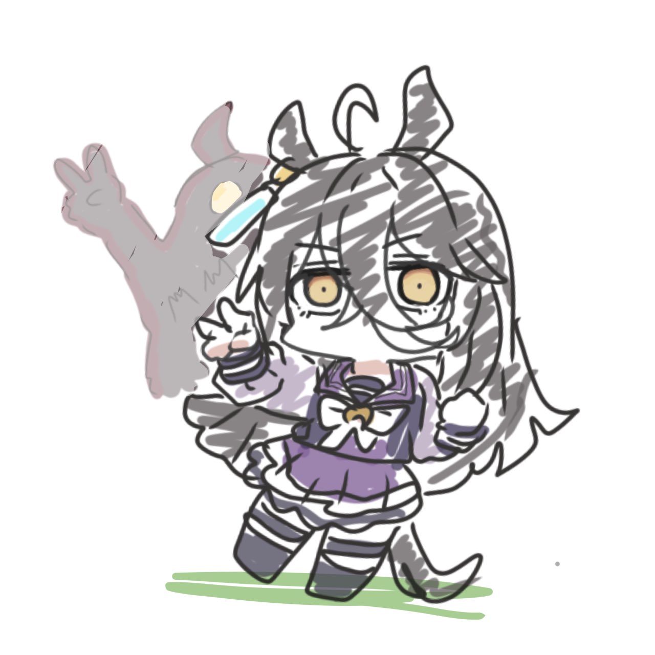 kawamochi (tddm3573), manhattan cafe (umamusume), umamusume, highres, 1girl, ahoge, animal ears, black hair, black thighhighs, bow, brown eyes, chibi, hair between eyes, horse ears, horse girl, horse tail, long hair, long sleeves, multicolored hair, outstretched arm, pleated skirt, puffy long sleeves, puffy sleeves, purple shirt, purple skirt, school uniform, shirt, skirt, tail, thighhighs, tracen school uniform, two-tone hair, v, very long hair, white background, white bow, white hair