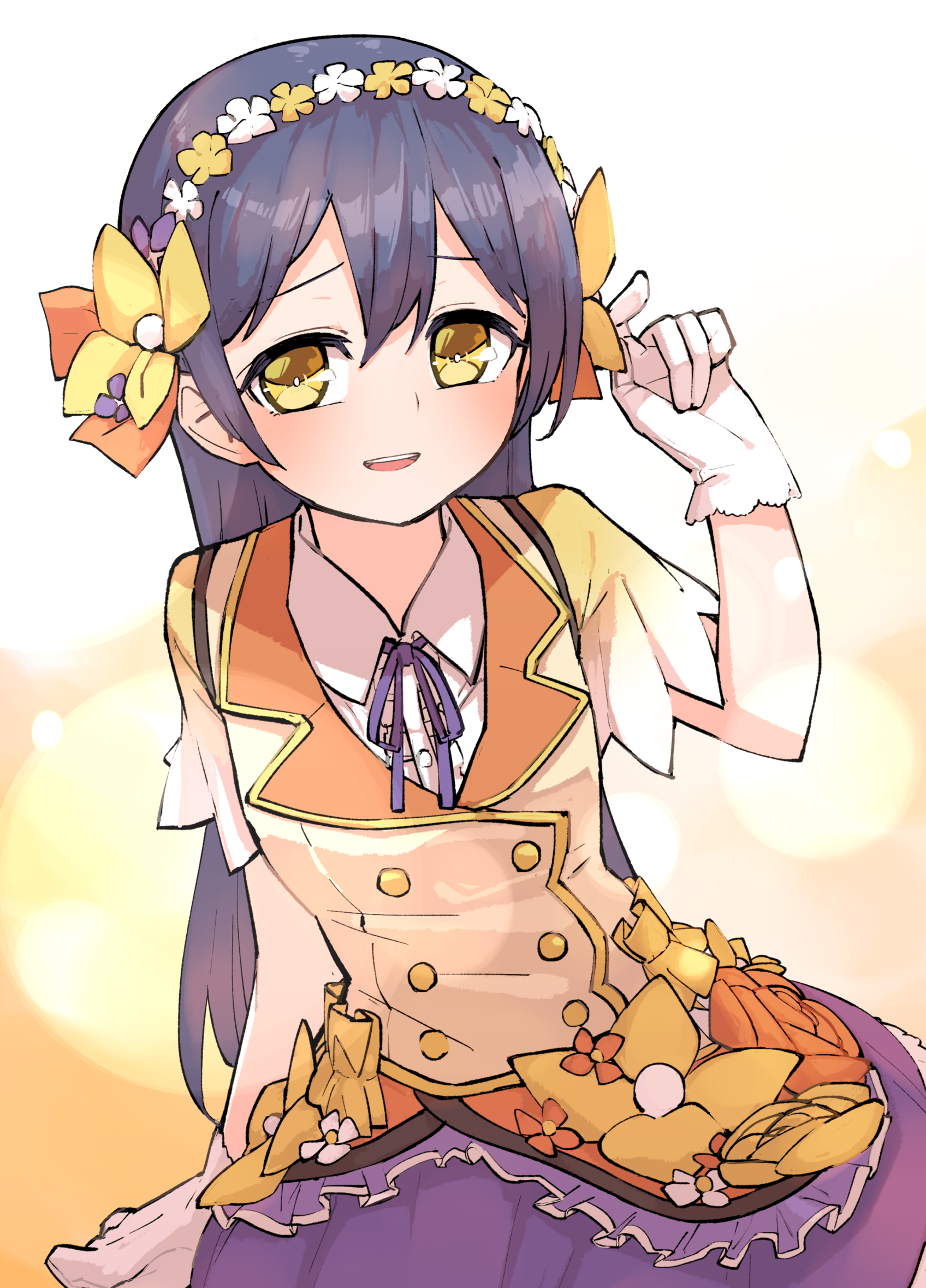 goe (g-o-e), sonoda umi, love live!, love live! school idol project, highres, 1girl, arm up, blue hair, blush, flower, gloves, hair between eyes, hair flower, hair ornament, long hair, looking at viewer, open mouth, short sleeves, skirt, smile, solo, white gloves, yellow eyes