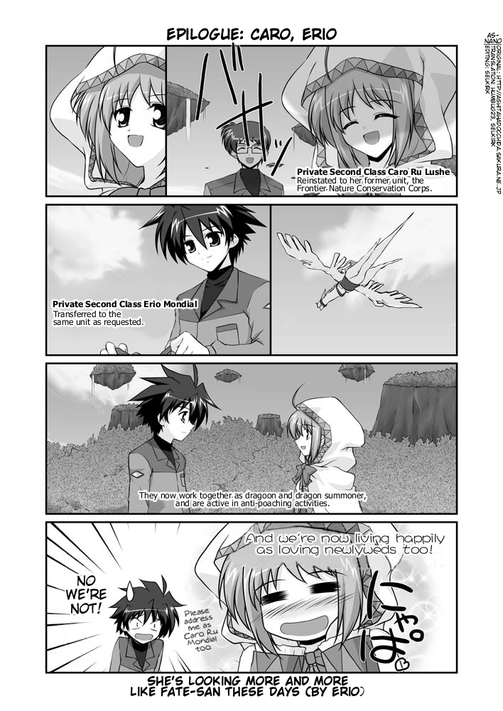 mikage takashi, caro ru lushe, erio mondial, friedrich (nanoha), lyrical nanoha, mahou shoujo lyrical nanoha, mahou shoujo lyrical nanoha strikers, uniform, hard-translated, third-party edit, translated, 00s, 1girl, 2boys, = =, ahoge, blush, bow, closed eyes, comic, dragon, english text, glasses, greyscale, hands on own cheeks, hands on own face, heart, monochrome, multiple boys, sweatdrop